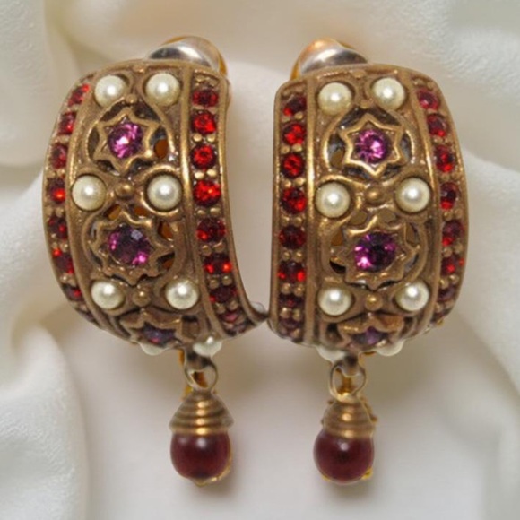 Designer Phillip Bloch Victorian Revival Red Garnet Post Hoop Earrings W Pearls - Picture 13 of 14